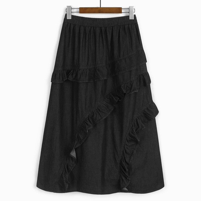 ELASTIC WAIST FRILL LINED A-LINE LONG DENIM SKIRT 3colors M-15997