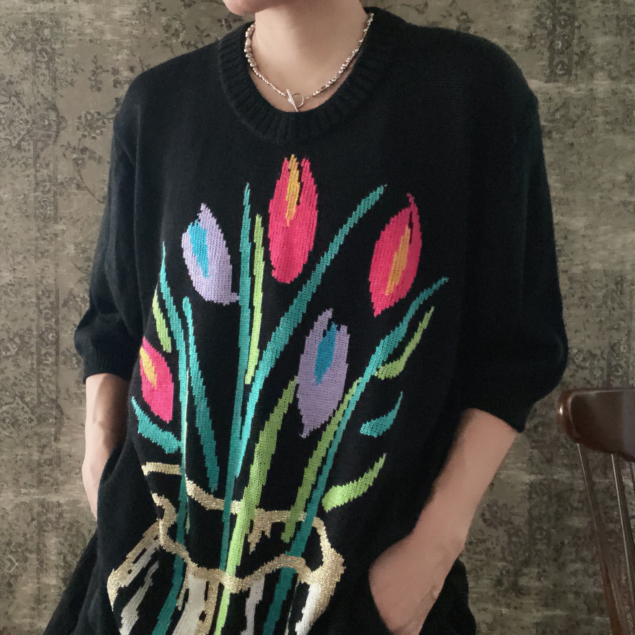 ニットリネン麻セーター古着花柄半袖ヴィンテージレディース | pim 