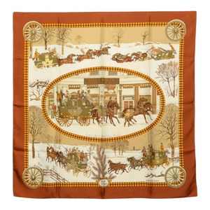 エルメス カレ90 冬の郵便馬車 L'Hiver en Poste スカーフ ブラウン系 シルク レディース HERMES 中古