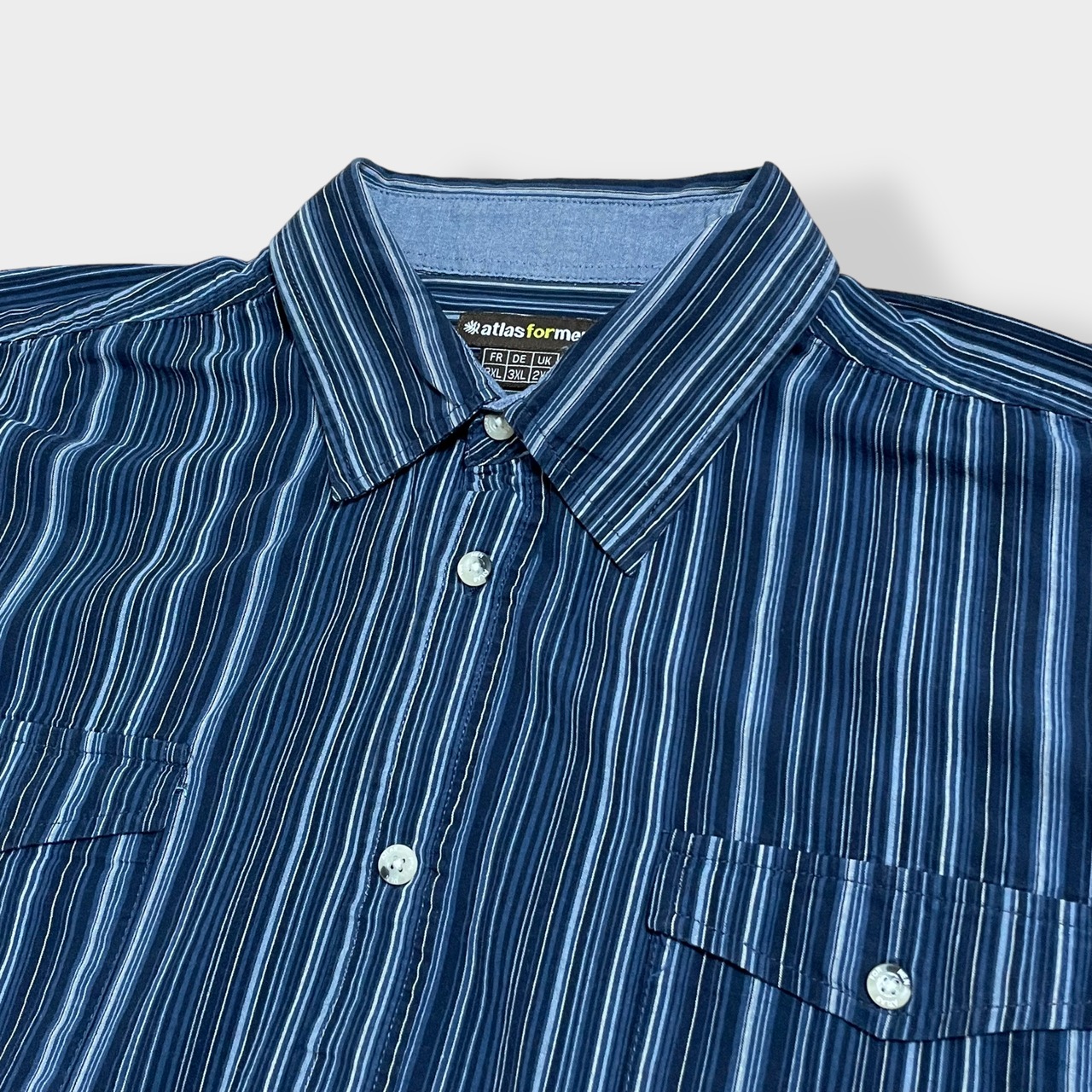 【ATLAS FOR MEN】長袖シャツ カジュアルシャツ ストライプ ブルー ネイビー 柄シャツ コットン 3XL ビッグサイズ US古着