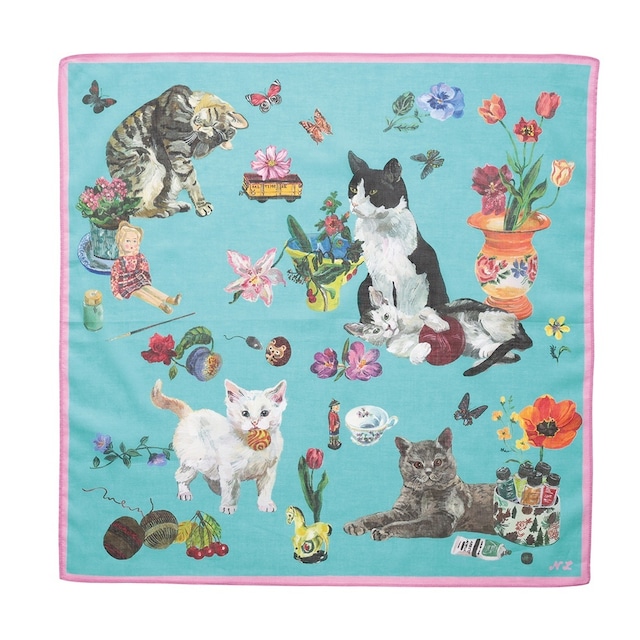 Nathalie Lete Handkerchief Cats-Mint green ナタリーレテ　ハンカチ　猫ミントグリーン