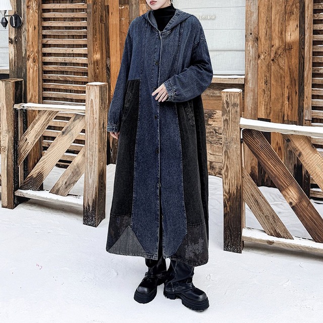 HOODED CONTRAST PANEL LONG OVERSIZED COAT M-18595