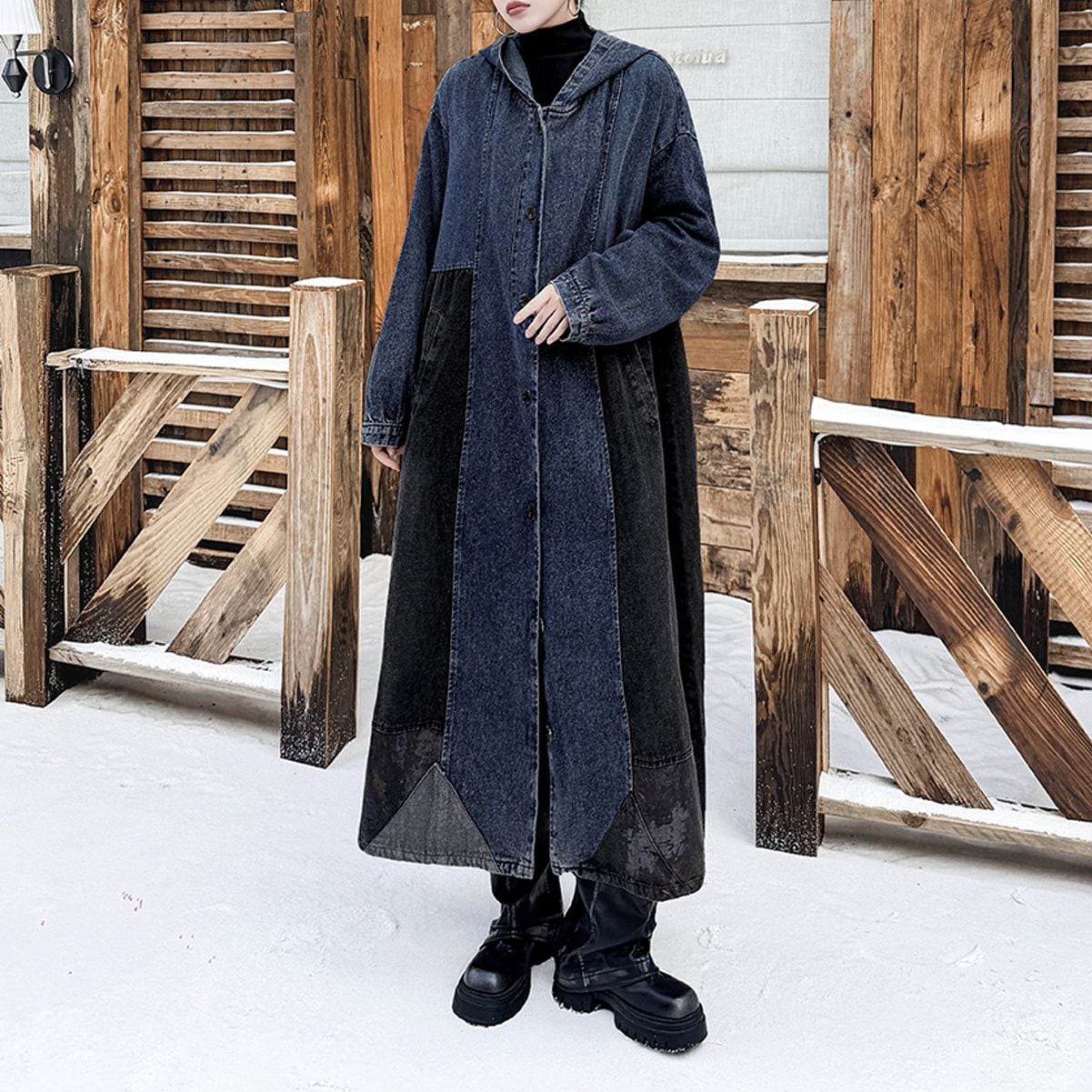 HOODED CONTRAST PANEL LONG OVERSIZED COAT M-18595