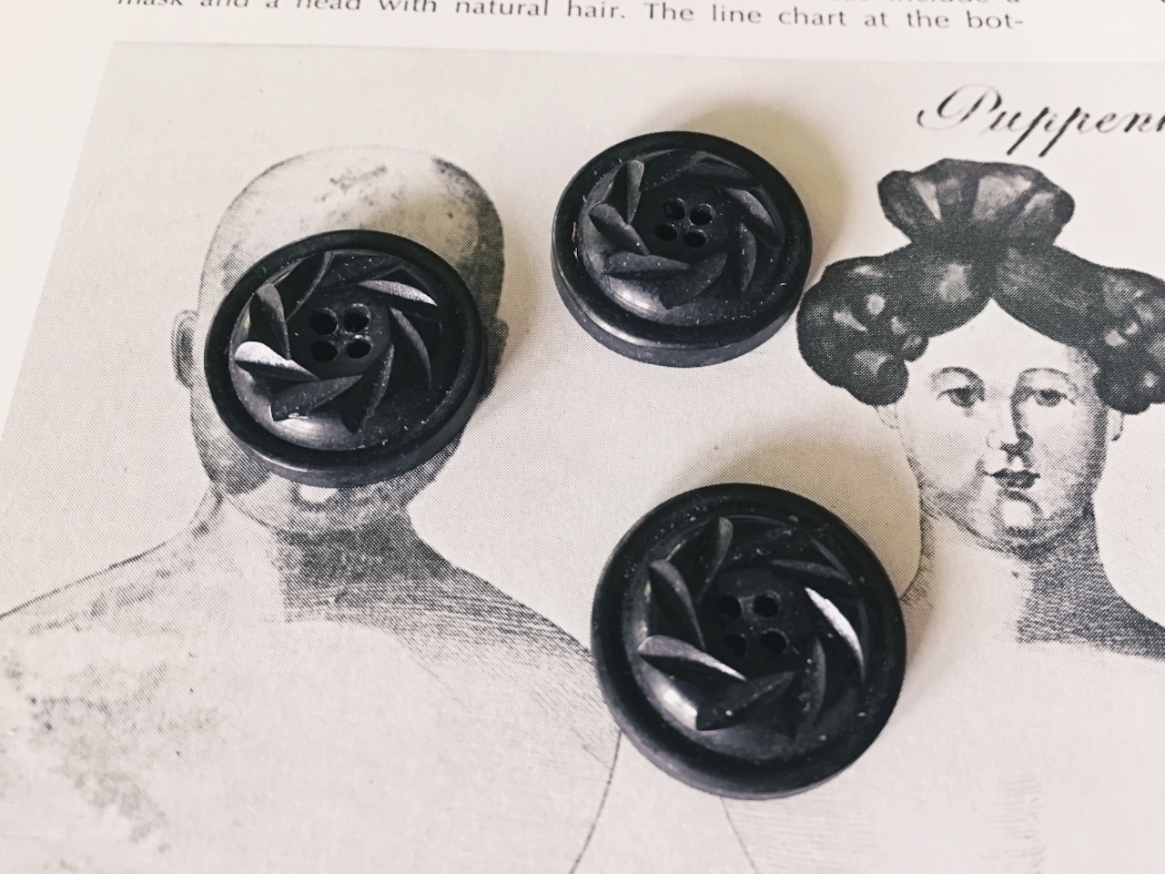 フランス 1900s 幾何学の黒花とgalalithe製ボタンセットa アンティーク