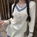 【2点セット】配色ラインシープケーブルニットトップス+ニットスカート ・79319