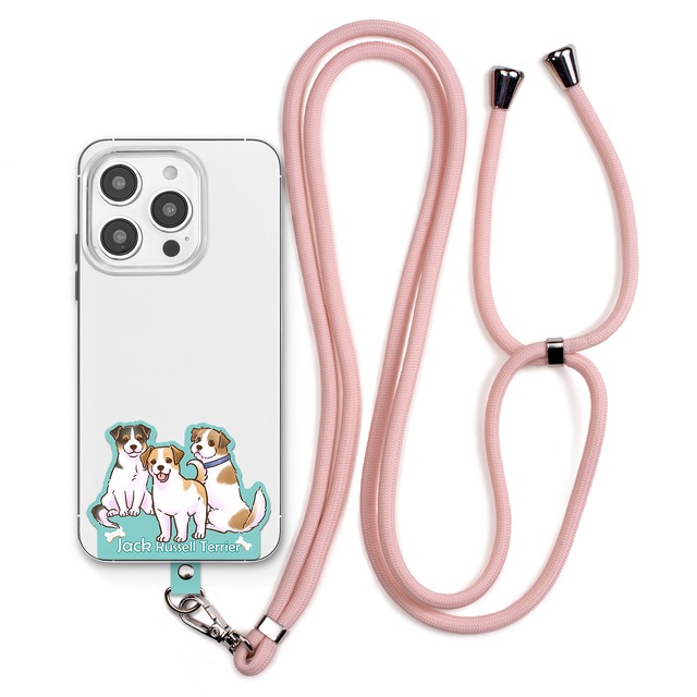 ジャックラッセル テリア 【笑顔が楽しく可愛いわんこイラスト】 スマホ ショルダー ストラップ ホルダー ピーチピンク 丸紐 SE-330P