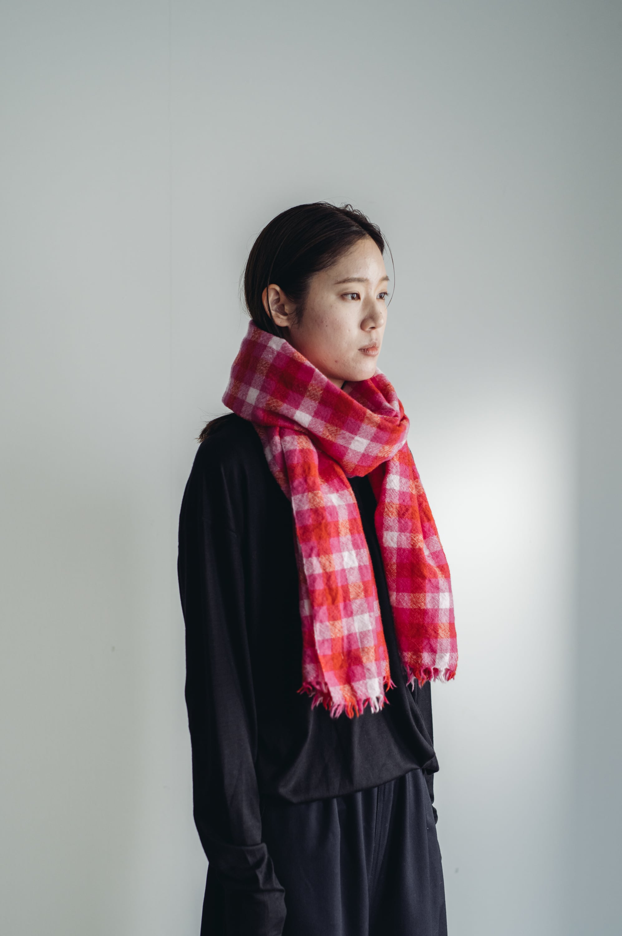 02411-1 block check stole / red,pink,pale pink