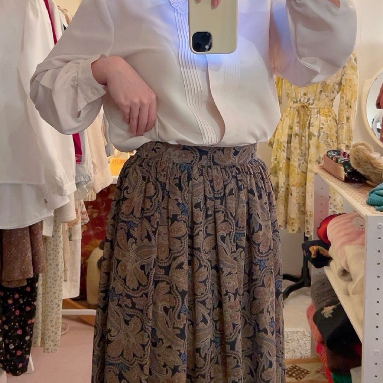 navy beige botanical flare skirt