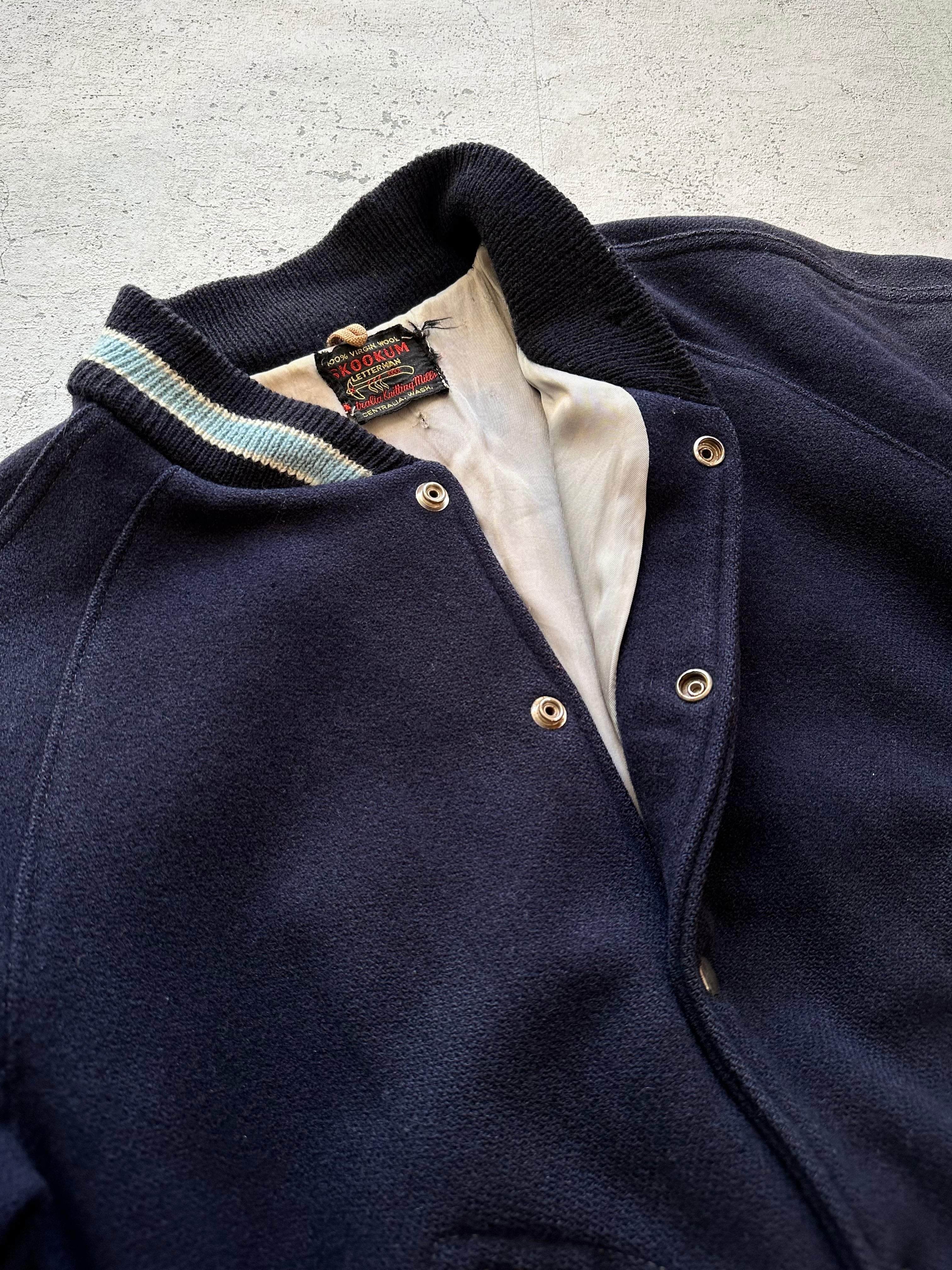 50s-60s SKOOKUM - MELTON WOOL STADIUM AWARD JACKET NAVY SOLID OLD