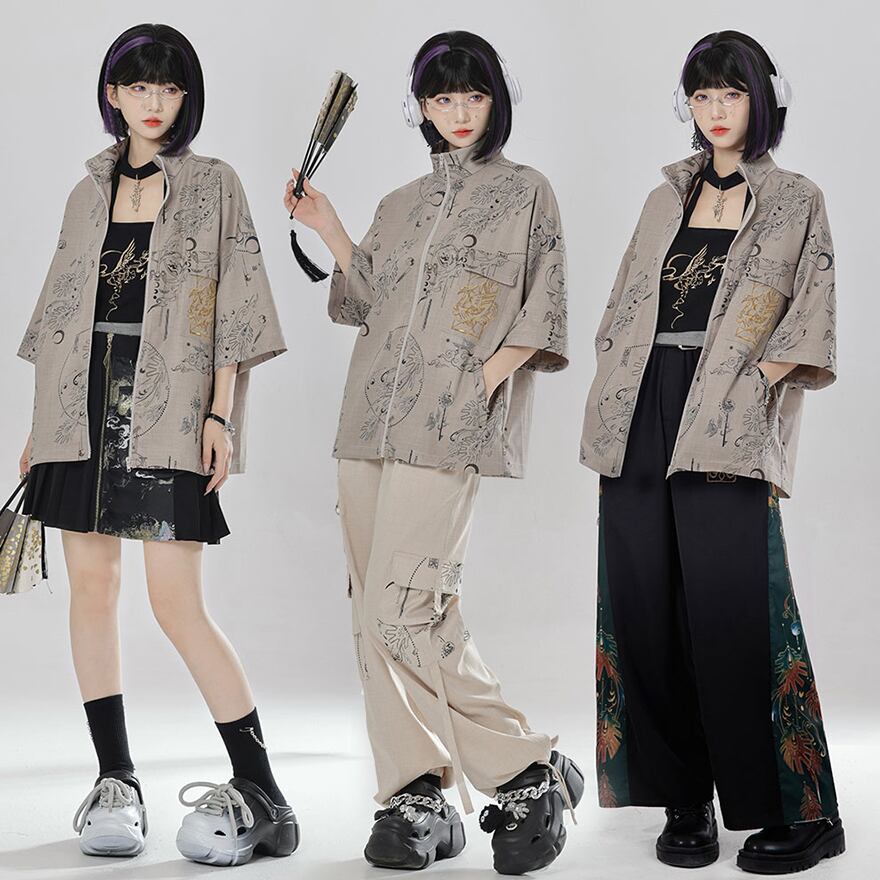 中華ゴシック 半袖シャツ ZIPアップ レトロ 卿棠オリジナル 夏服 Y2Kファッション ストリートファッション