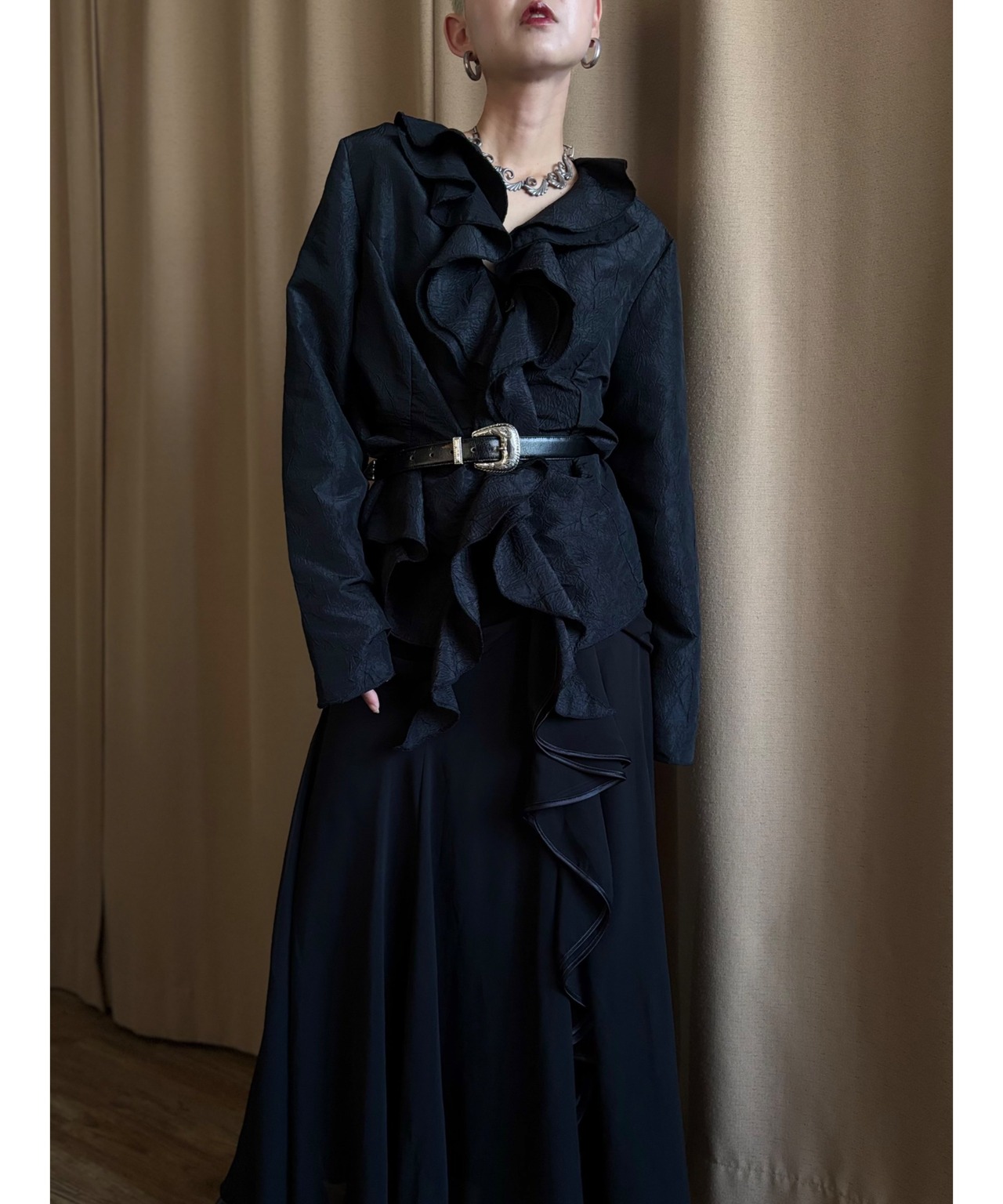 girly mode black frill shirt-4861-8