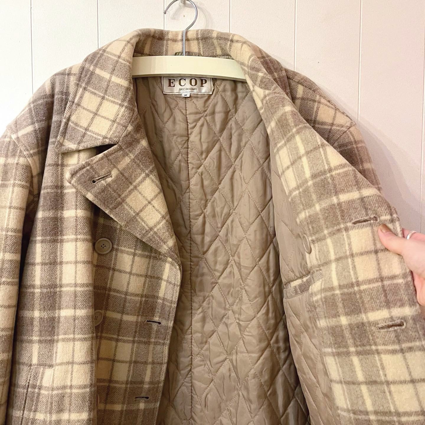 cream check big pea coat