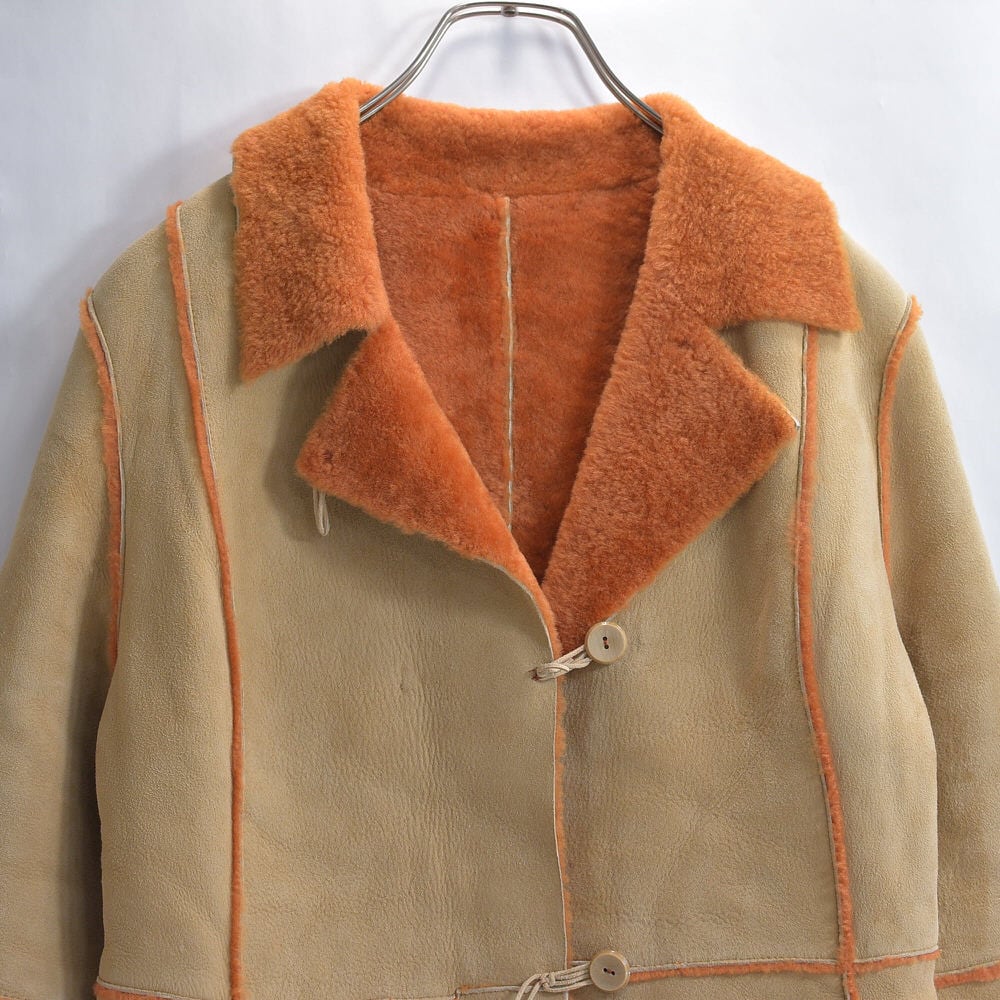 Used シープスキンレザー スエード シアリングジャケット 本革 ムートン レザージャケット ヴィンテージ アウター ベージュ ビンテージ 古着 レディースS相当