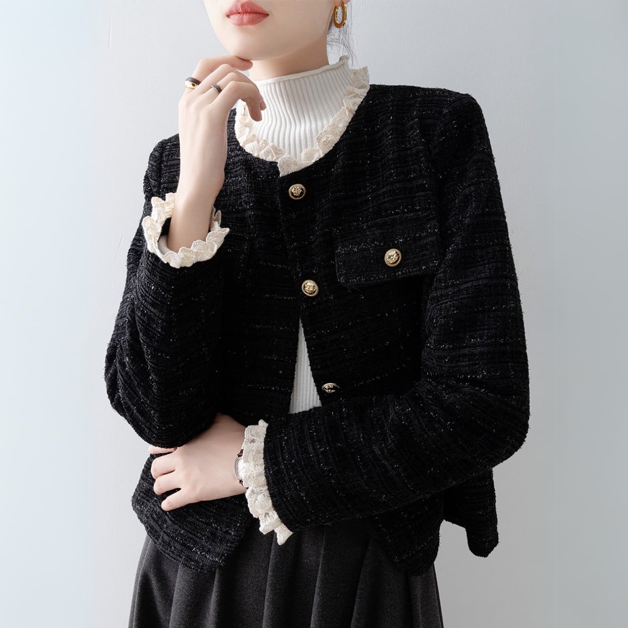 レース付きラウンドネックジャケット Me0734