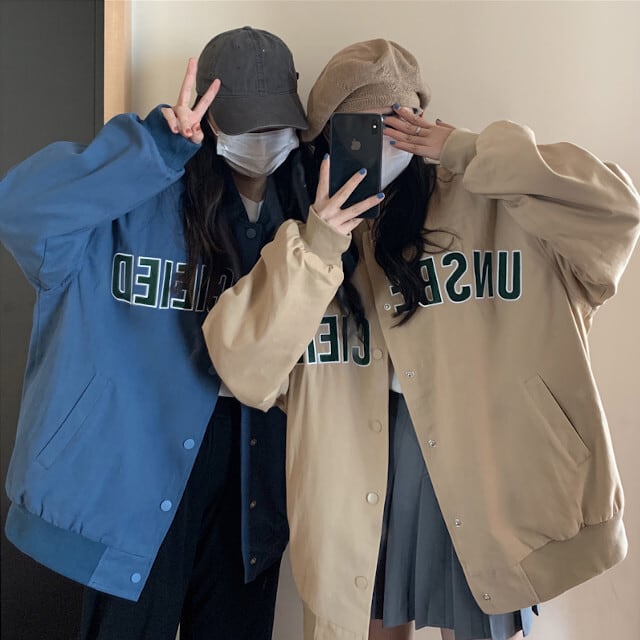 スタジャン アウター レディース ブルゾン 長袖 オーバーシルエット ロゴ かっこいい ストリート カジュアル ブルー/ベージュ/ブラック S/M/L/XL