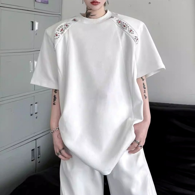 ショルダービジュー パネルデザインワイドTシャツ 2カラー D12286