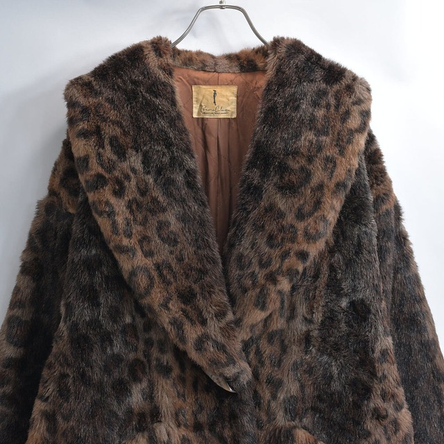 80s～ 日本製 プリマクラッセ Prima Classe レオパード アニマル 豹柄 フェイクファー コート ジャケット ギャングコート ハーフコート ジャパンヴィンテージ ビンテージ 古着 レディースXL相当