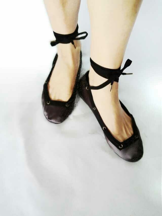 レースアップバレエシューズ シルクサテン 紐グレー Belle68