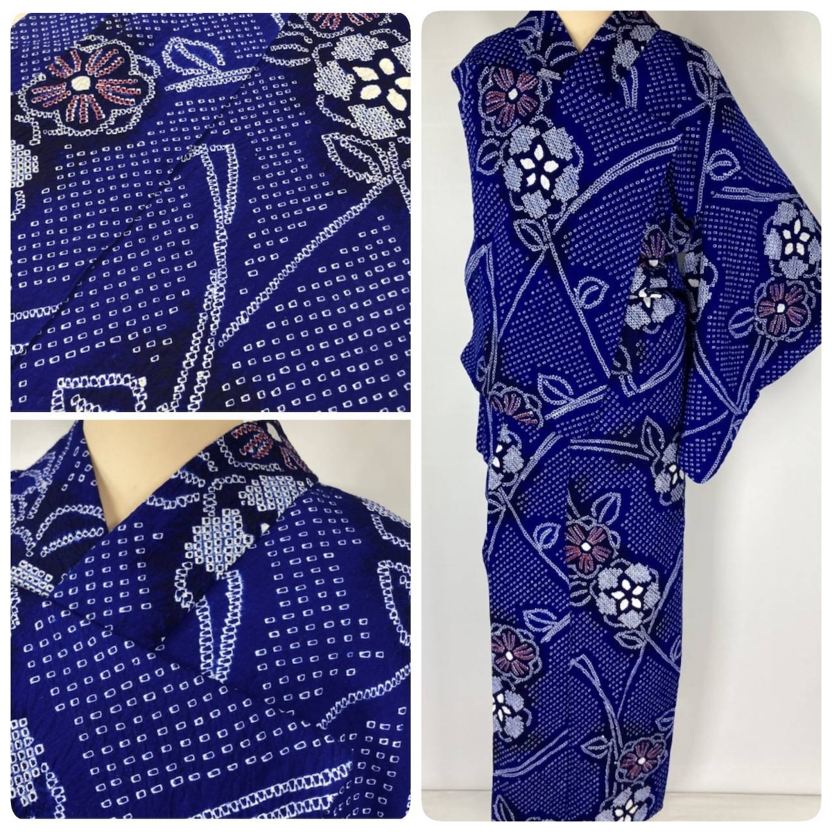 有松絞り【浴衣】美品 花柄 夏着物 綿 有松鳴海絞り 紫 黒 ブルー 
