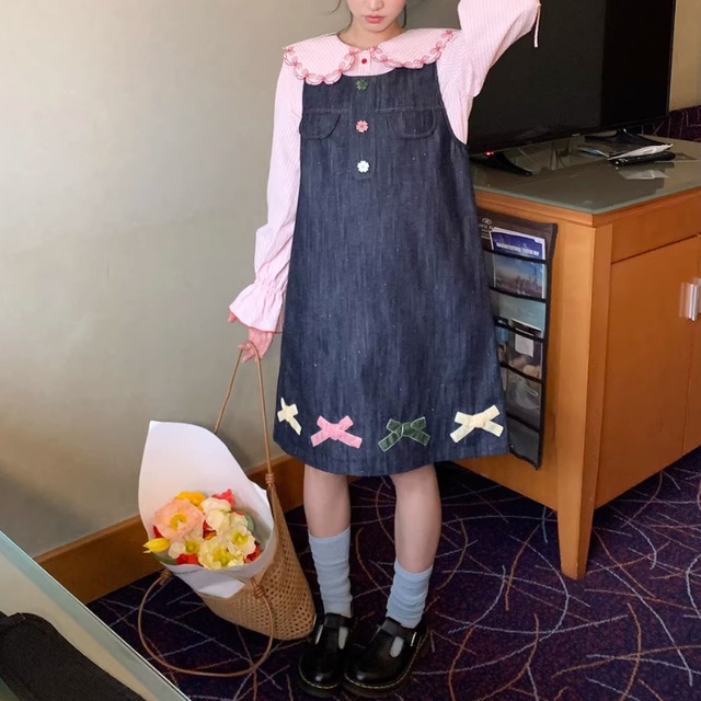 3D flower button applique denim dress 00336