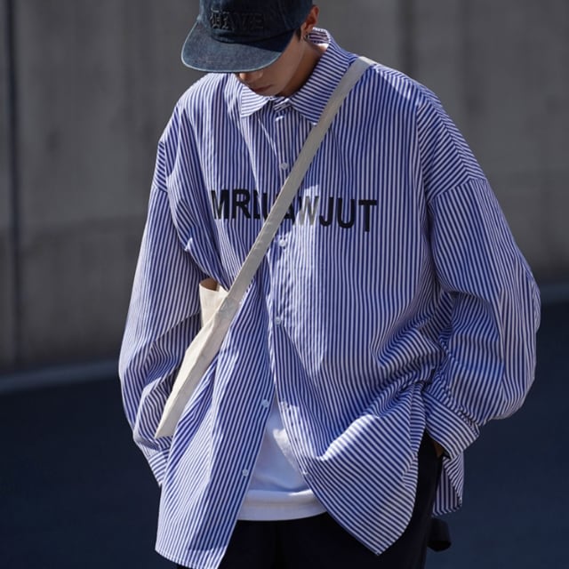 予約販売】シャツ 長袖 トップス ストライプ柄 メンズ グレー ブルー