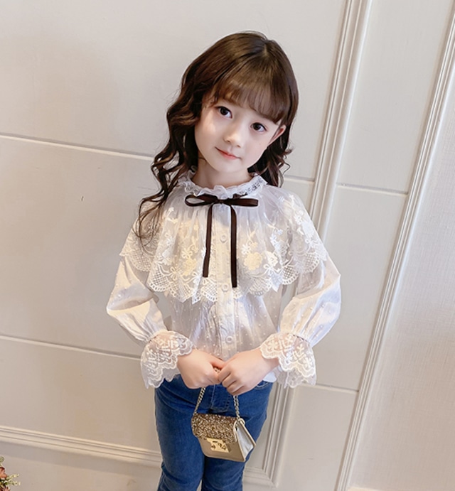 【レースデザインがキュート★リボンタイ コットンシャツ】 シャツ ブラウス 子供服 女の子 キッズ レース リボンタイ 綿 コットン フォーマル 長袖 発表会 七五三 入園式 卒園式 結婚式 お出かけ 100cm 110cm 120cm 130cm 140cm 送料無料