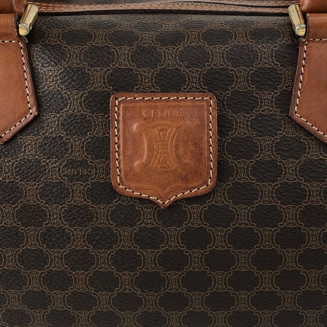 CELINE セリーヌ マカダム ハンドバッグ ブラウン ブラゾン型押し PVC レザー ボストン vintage ヴィンテージ オールド u6p2h4