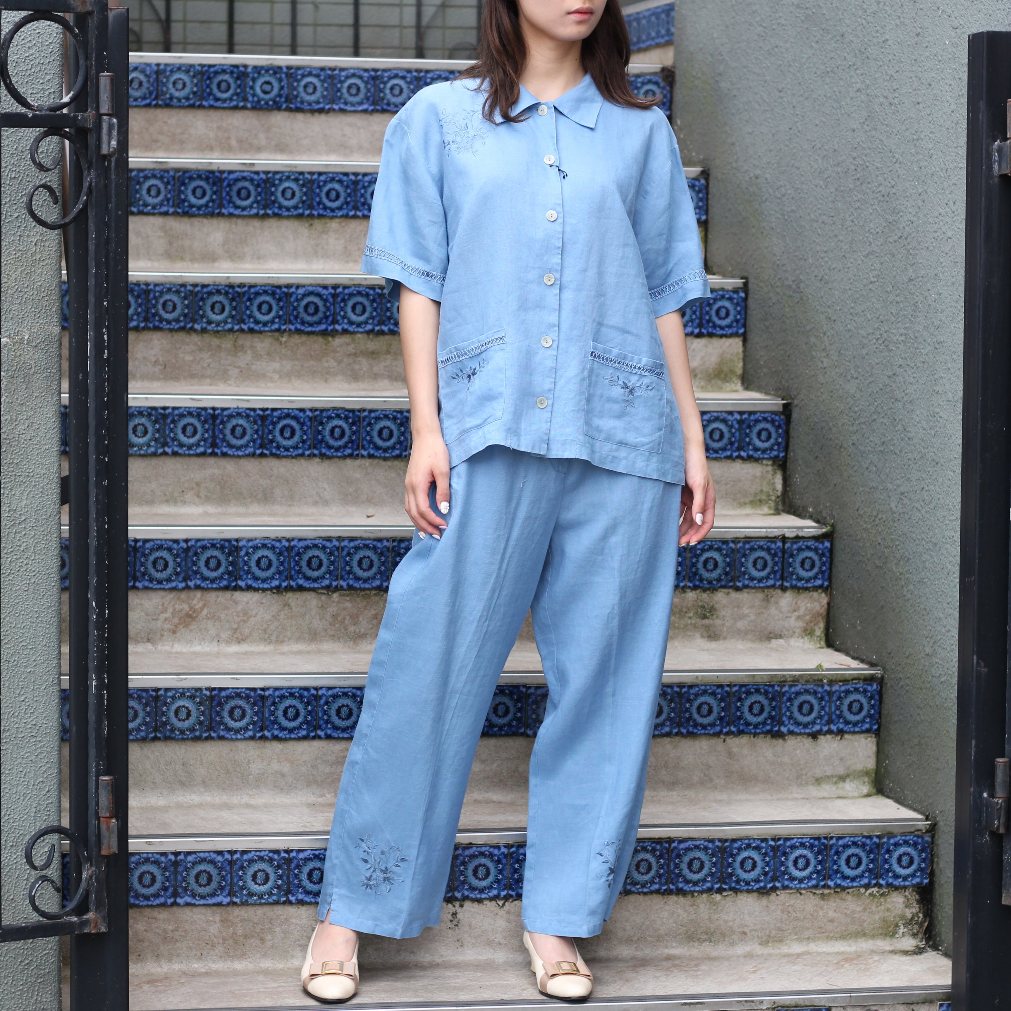 MYLAN ターコイズ トップス&ワイドパンツ セットアップリゾートスタイル