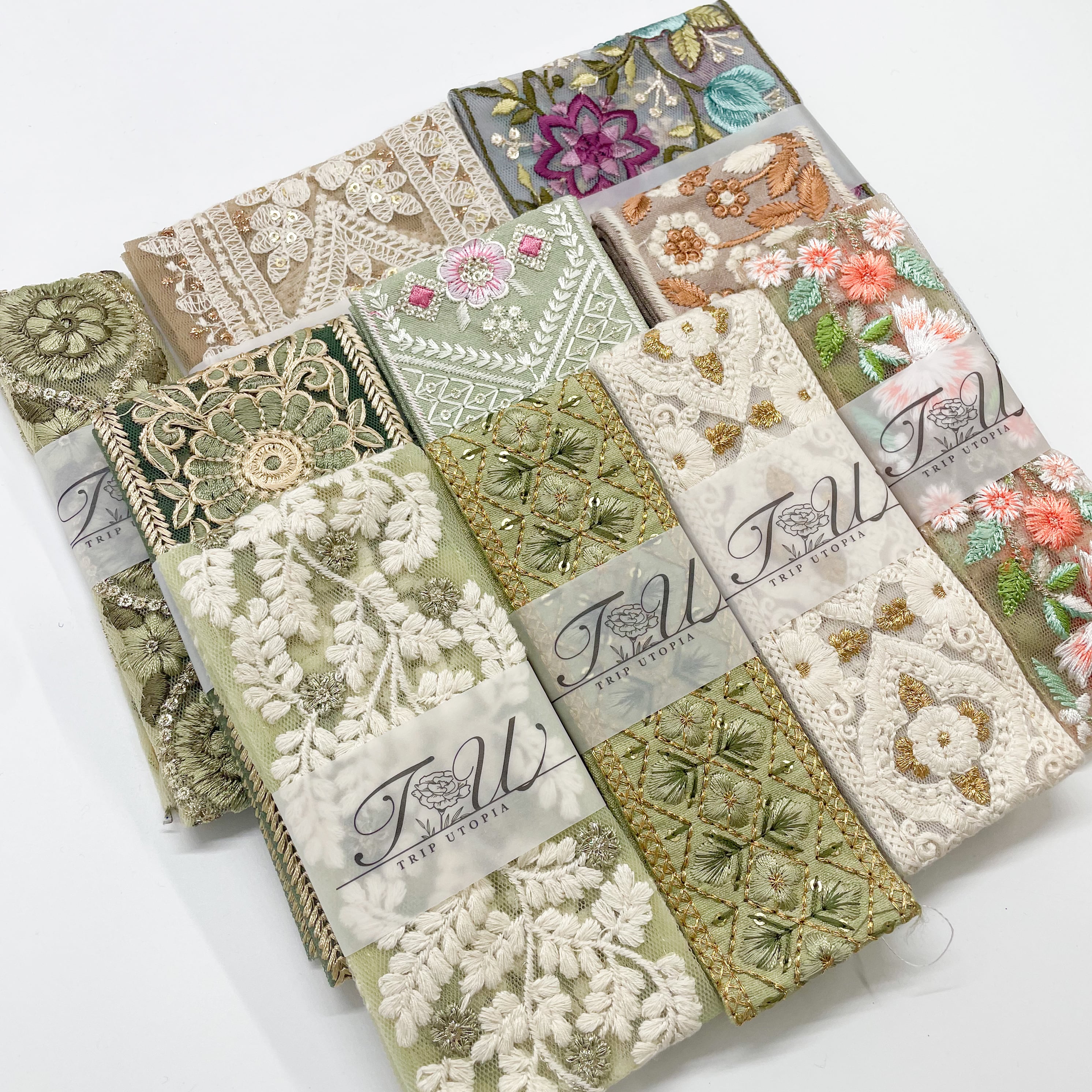 インド刺繍リボン専用 数量限定】グリーン系インド刺繍リボンセット1（50cmカット10本入り
