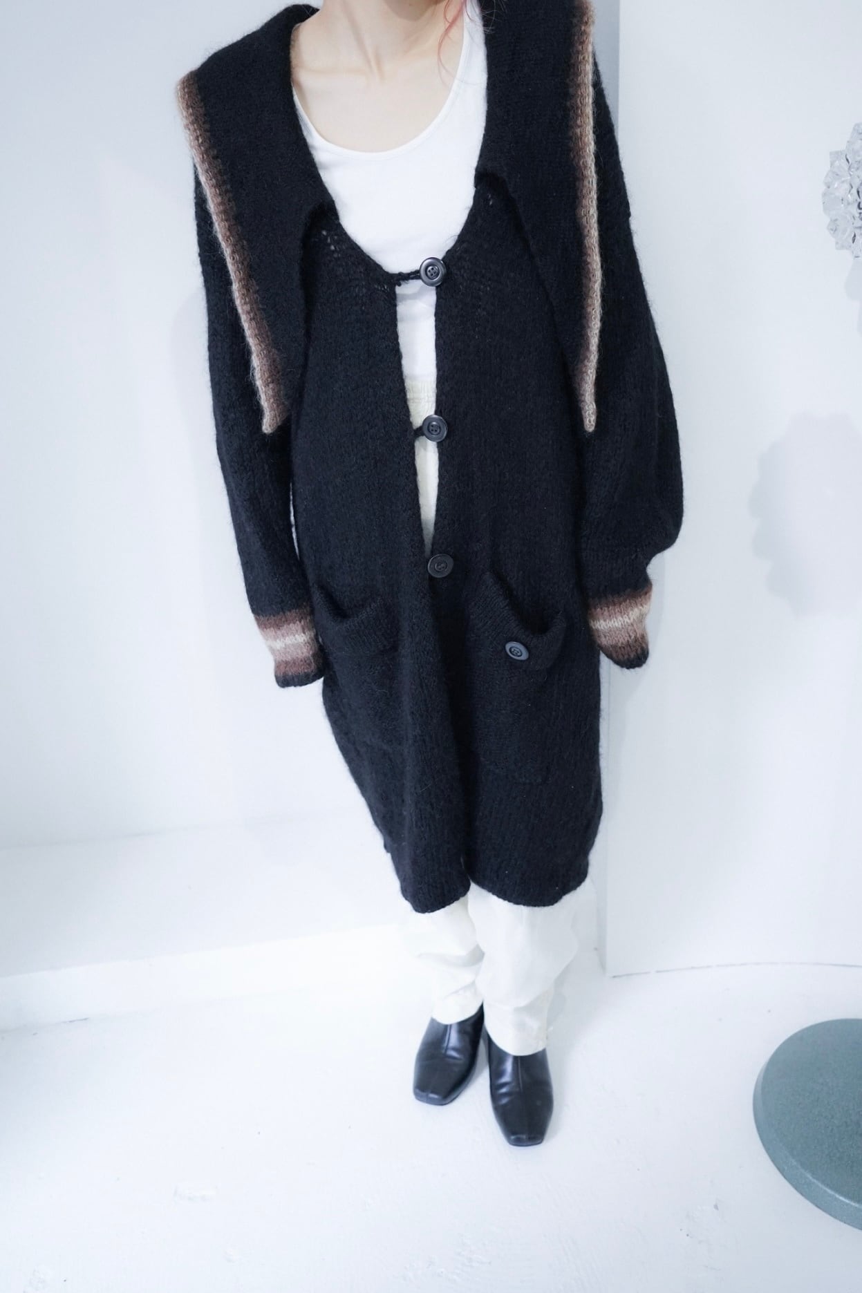 unique collar long knit cardigan