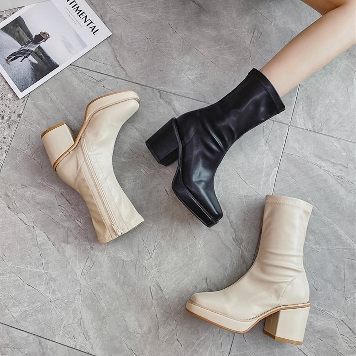 スクエアトゥチャンキーヒールブーツ 2色 ハイヒール Kc168 Che Gioia