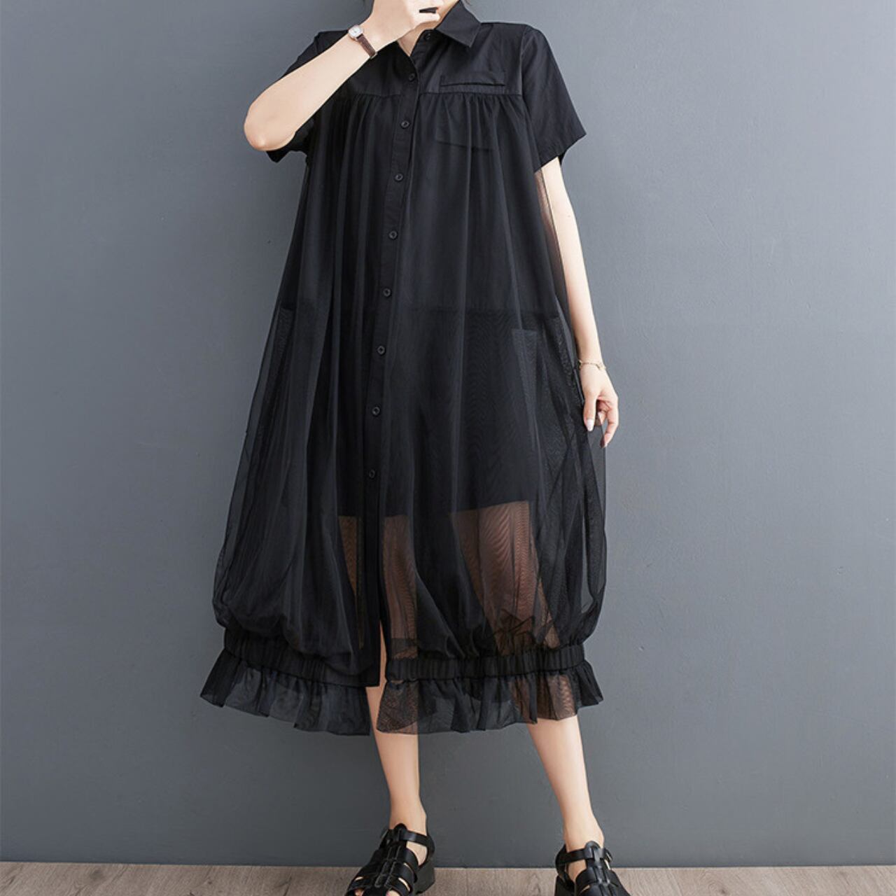 チュールミックスシャツワンピース R0033