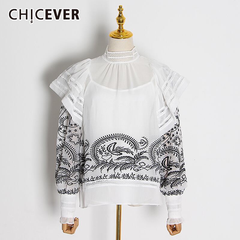 CHICEVERパッチワークプリントシャツ女性タートルネックロングランタンスリーブホローアウトルーズブラウス2020タイド 6base550815722718