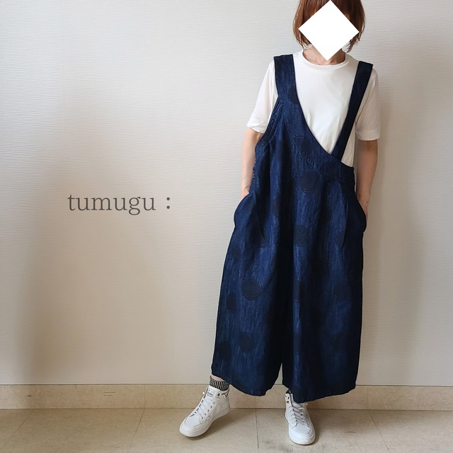 【tumugu:】ドットプリントデニムサロペット(TB24223)
