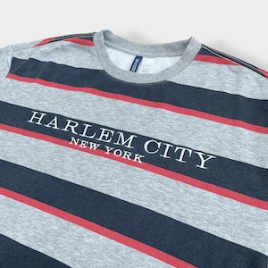 【H&M】HARLEM CITY NEW YORK 刺繍ロゴ ボーダー スウェット トレーナー プルオーバー マルチカラー SMALL エイチ アンド エム US古着