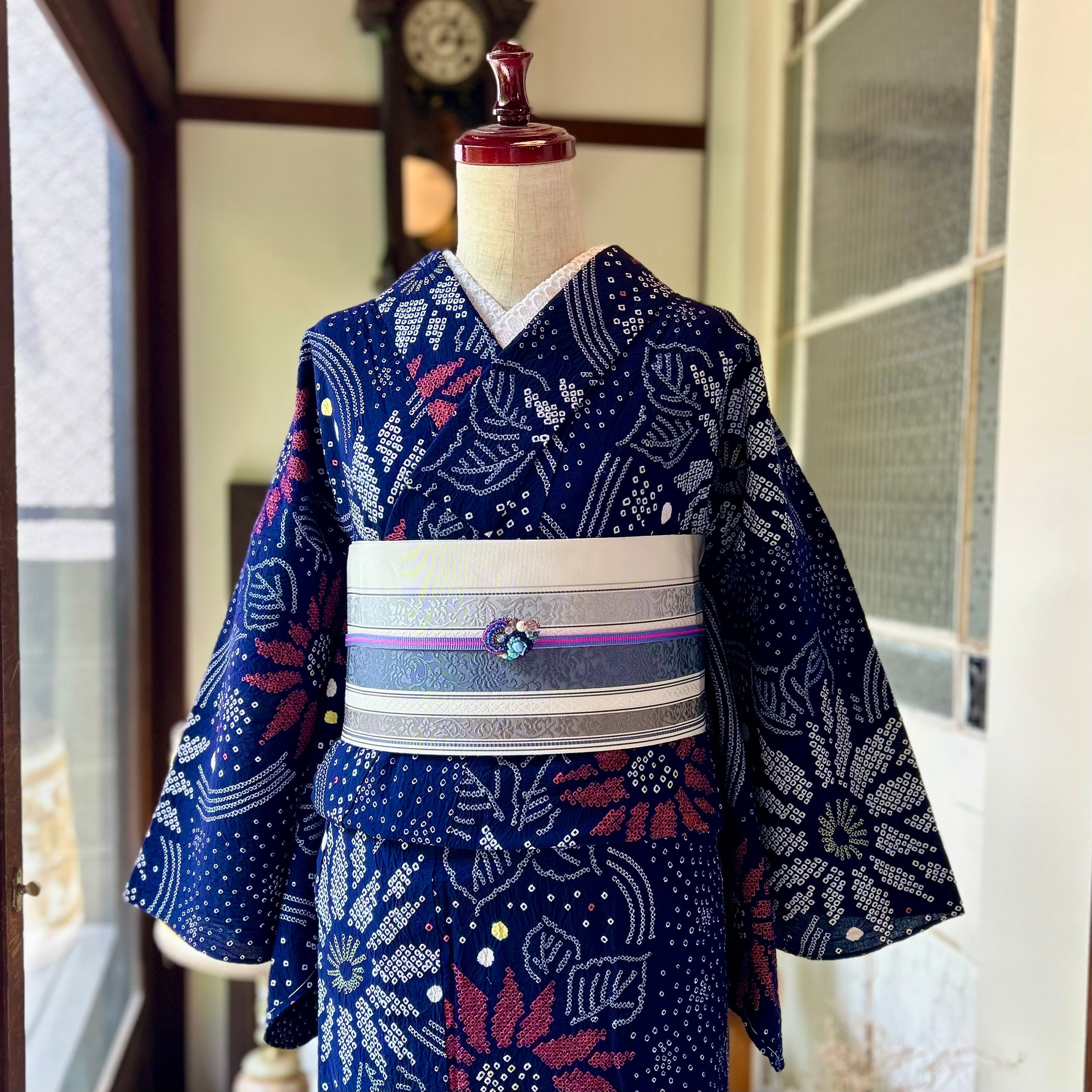 浴衣 有松絞り 市松文 紺 白 ライラック色 木綿 単衣 ゆかた utatane 浴衣 有松絞り浴衣3点セット 藍色にアイビー レディース