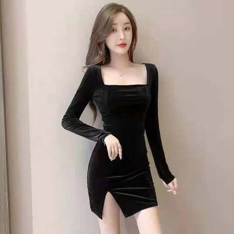 【新作】【送料無料】 スエードスリットドレス女性 2023 春と秋の新スリム長袖スクエアネック多用途脚カバーヒップスカートトレンディ 0222145899664