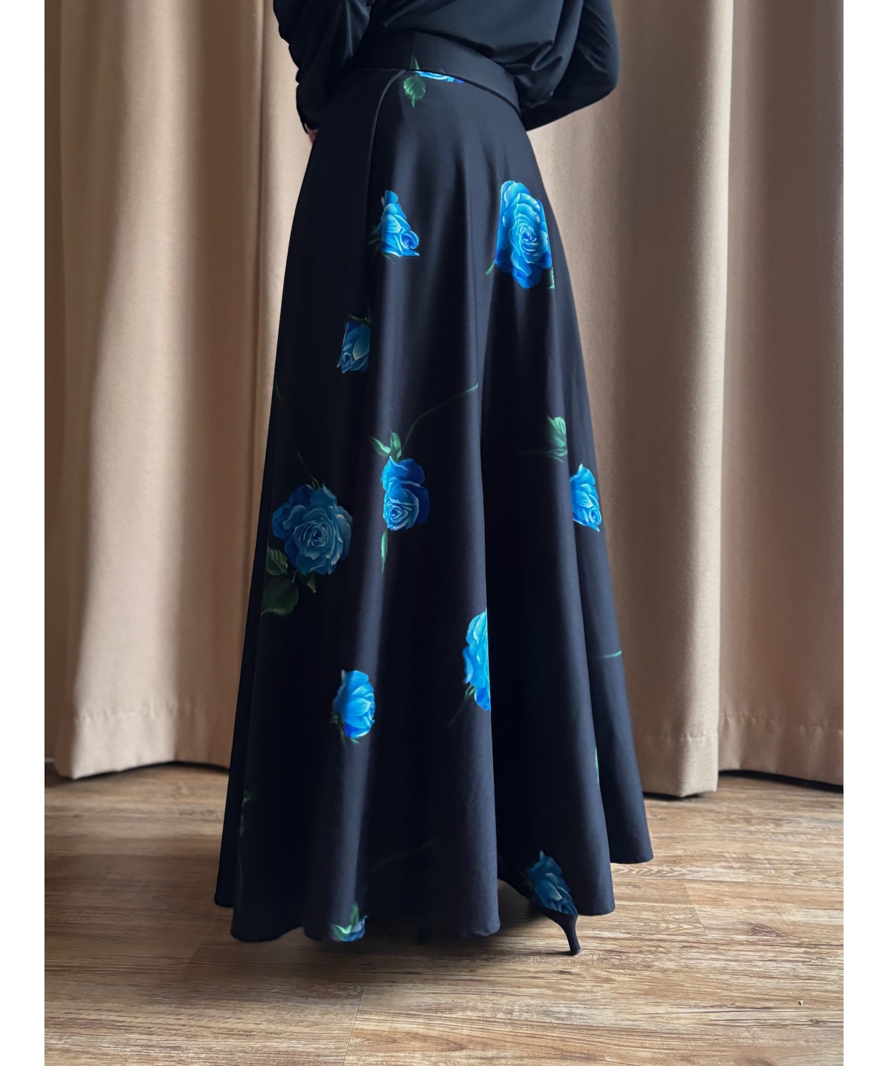 blue rose pattern maxi skirt-4810-7