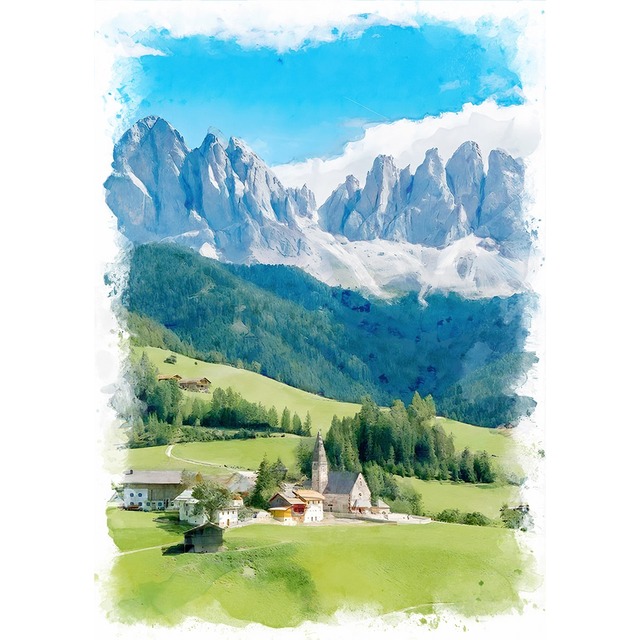 絵画 風景画 イタリア ドロミテ インテリアアート額付き 水彩画・油絵風 WAT0891