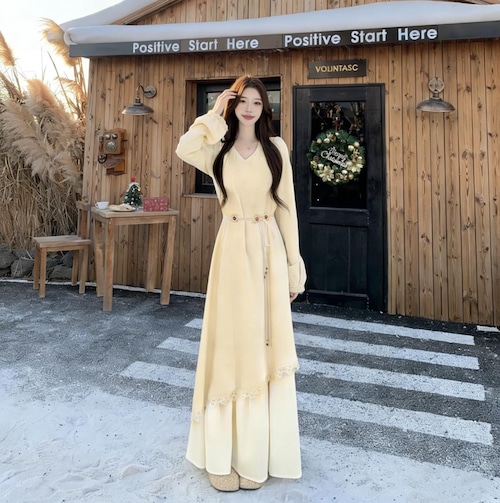 新品 秋冬 大きいサイズ Aライン長袖ワンピース ベルト付 ツーピース風