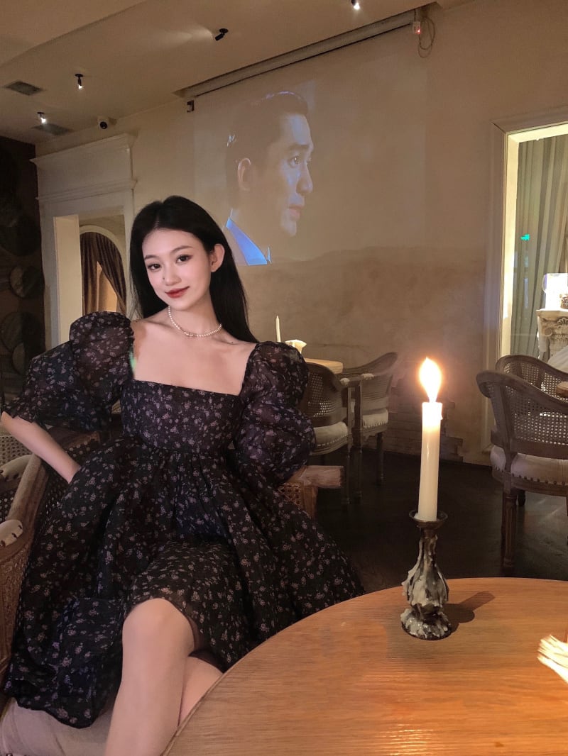 フローラルドレス スタイルカラーショートスカート サマースリーブ レース 夏物 花柄 スクウェア ブラックストロベリース79758207888