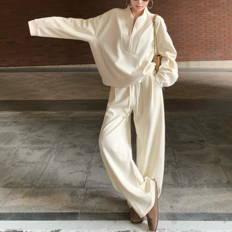 ハーフジップ ベルベットプルオーバー&ワイドレッグパンツ ツーピース ◆4color 204495