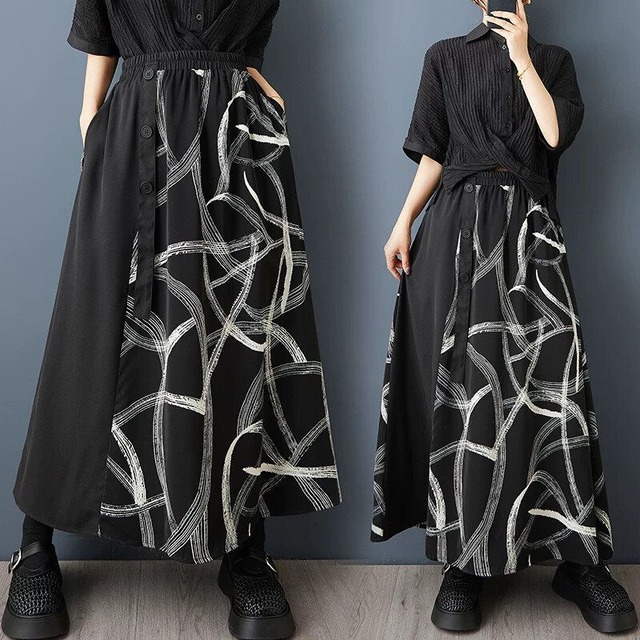 STITCH DESIGN ELASTIC WAIST A-LINE LONG SKIRT 1color M-16549