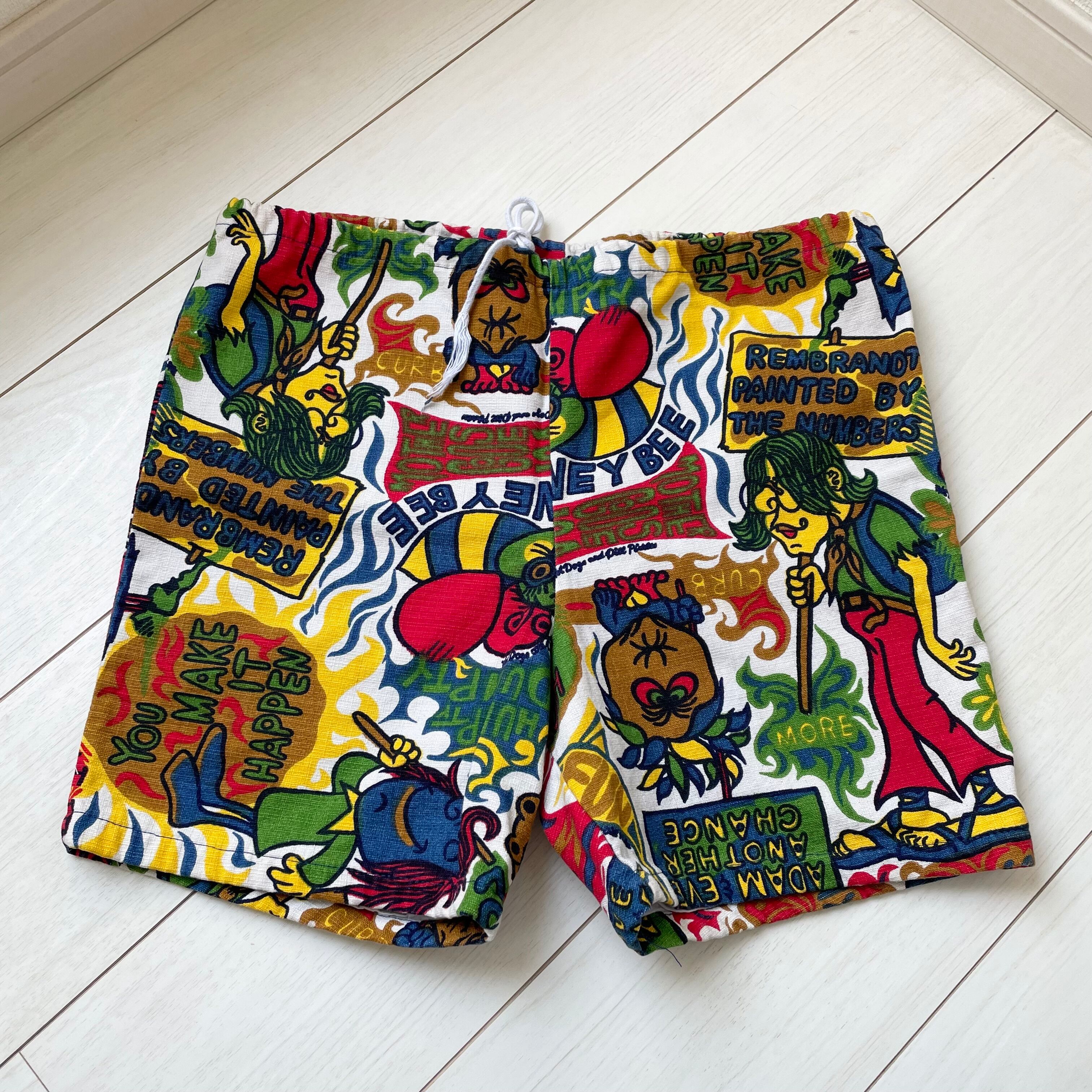 size20 USA製 70s ヒッピー モンスター柄 総柄 ビンテージ 短パン 