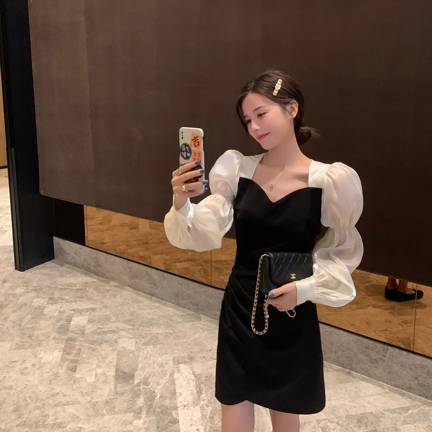 スプリングスタンダードスリーブドレス スタイルAラインブラック レトロ 春物 スクウェア 6Du_Shop_Women54269658935