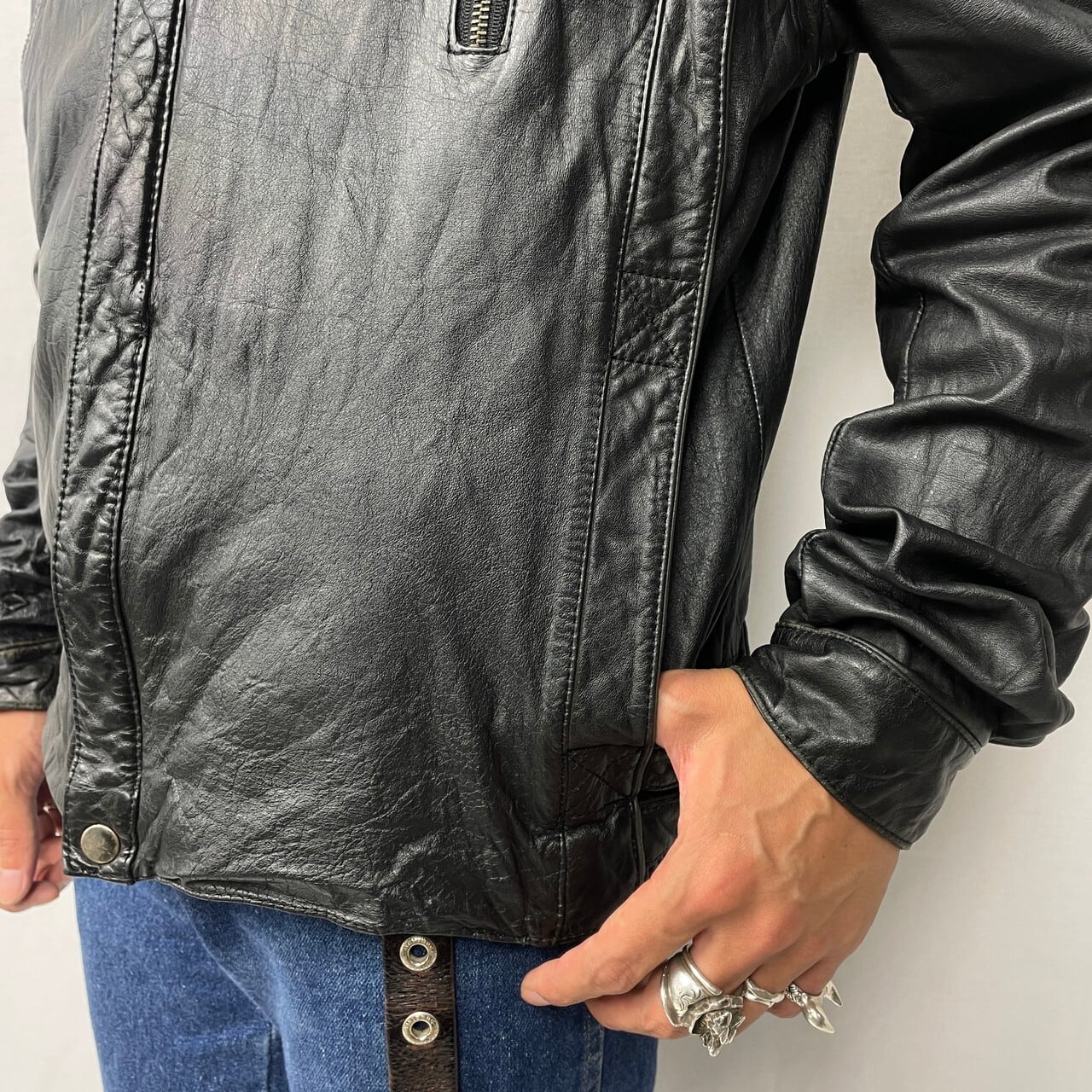 80年代〜 デザイン レザー シングルライダースジャケット メンズM-L 