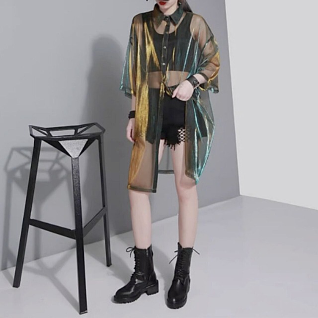 Sheer iridescent oversized shirt【2color】 C0271