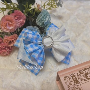 【ギンガムチェックリボン blue×white】 ボリュームたっぷりリボンチョーカー