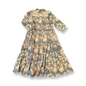 saruche ブロックプリント スクエアヨークキルティングワンピース　Blue Green