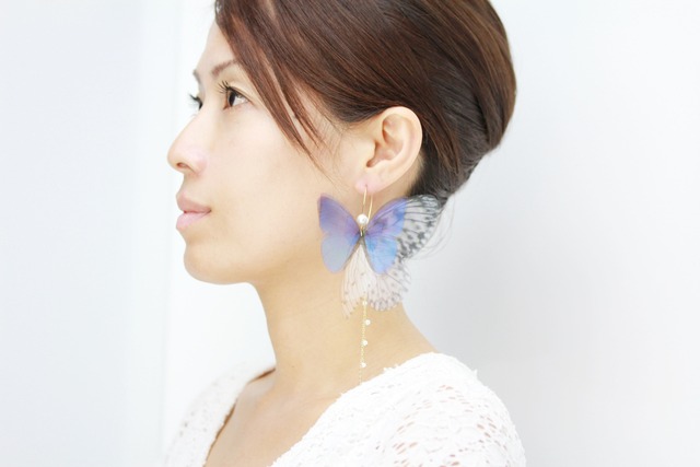 クリスマス蝶ピアス(イヤリング変更可)Sapphire Fairy Dream Chain Earring